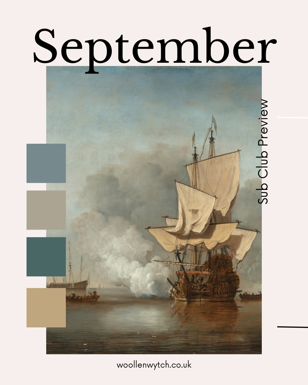 Old painting of a wooden ship at sea, surrounded by text and coloured blocks of grey browns, cream, and blue as inspiration for the September Sub club box.