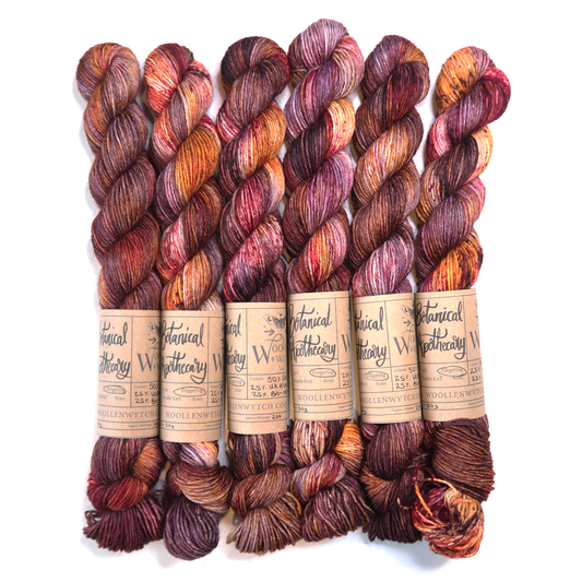 red orange purple hand dyed yarn using British wool by Woollen wytch in Bristol uk
