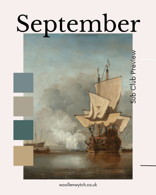 Old painting of a wooden ship at sea, surrounded by text and coloured blocks of grey browns, cream, and blue as inspiration for the September Sub club box.