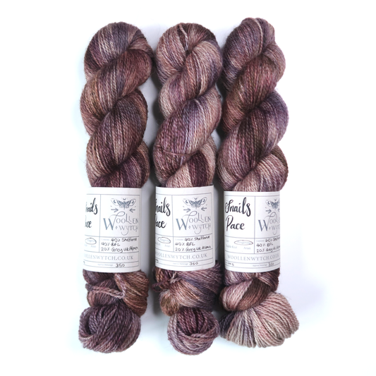 brown purple hand dyed yarn snails pace by woollen wytch bristol british yarn
