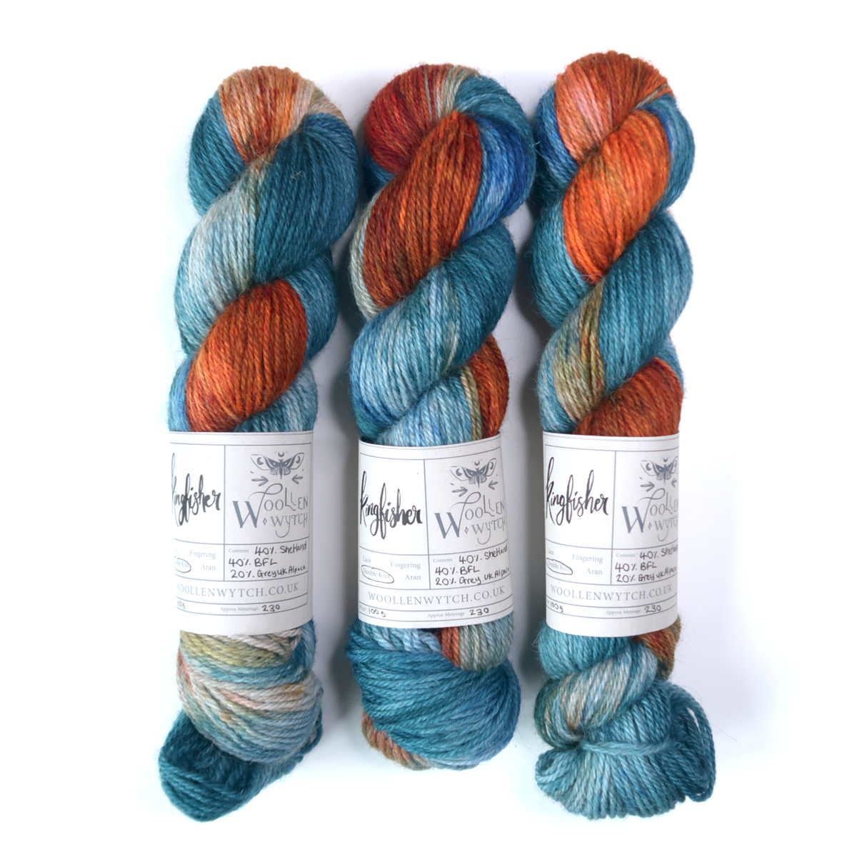 Orange and blue yarn kingfisher inspired shetland woollen wytch british yarn
