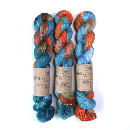 Blue and orange yarn, kingfisher sock yarn by Woollen Wytch hand dyed british yarn