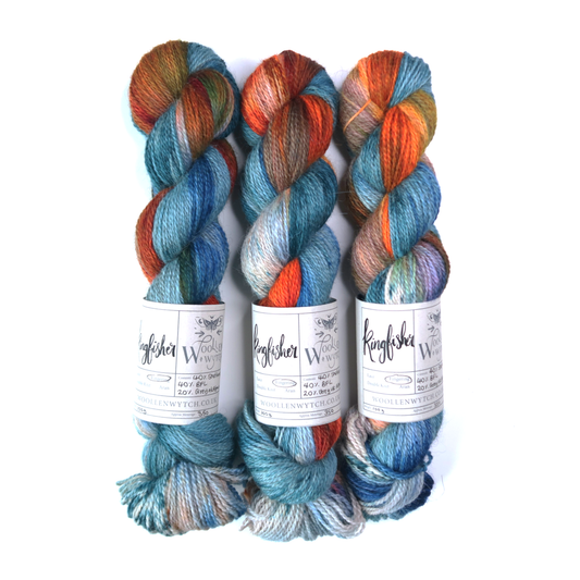 Kingfisher hand dyed yarn blue and orange shetland fingering by Woollen Wytch