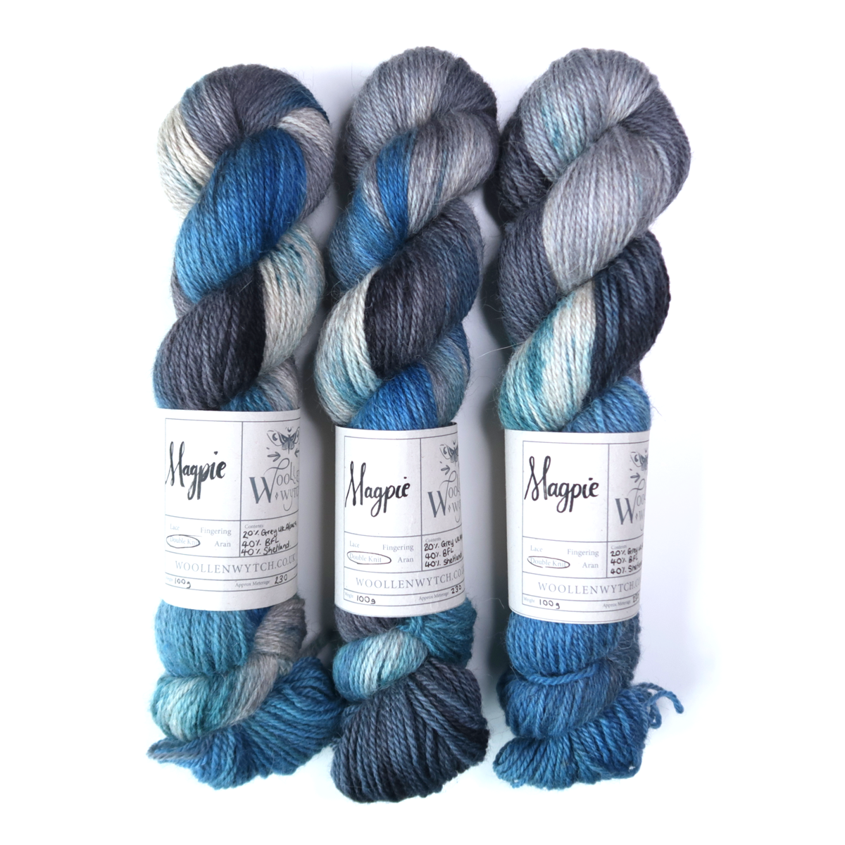 Magpie blue and black hand dyed sheltand yarn, british yarn woollen wytch bristol