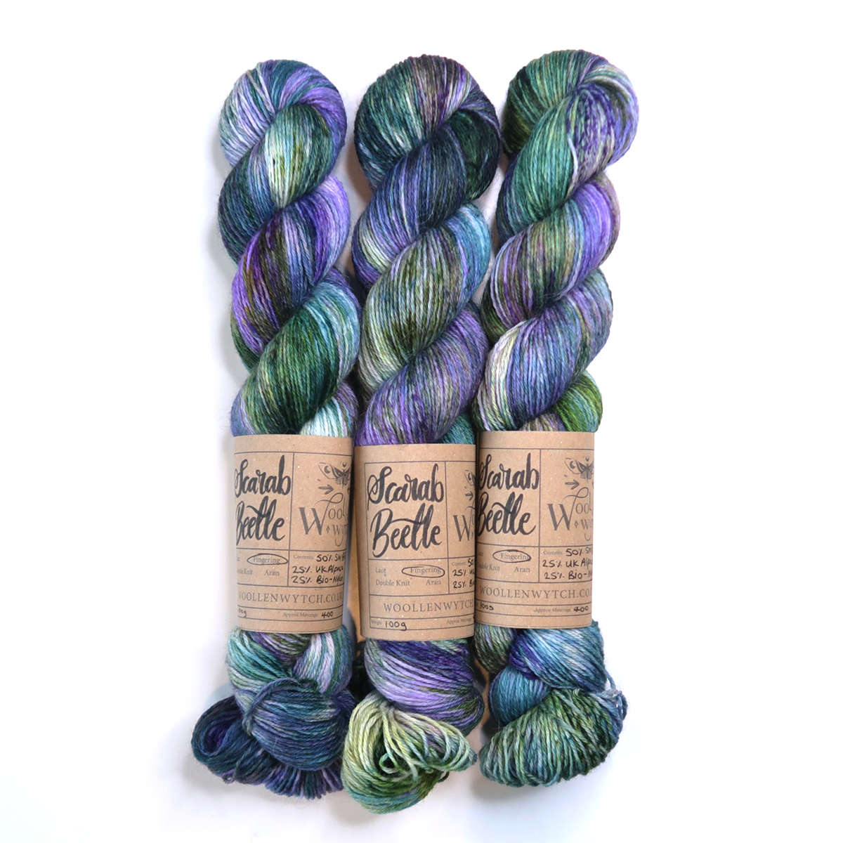 Hand dyed sock yarn, Scarab beetle british wool by woollen wytch bfl