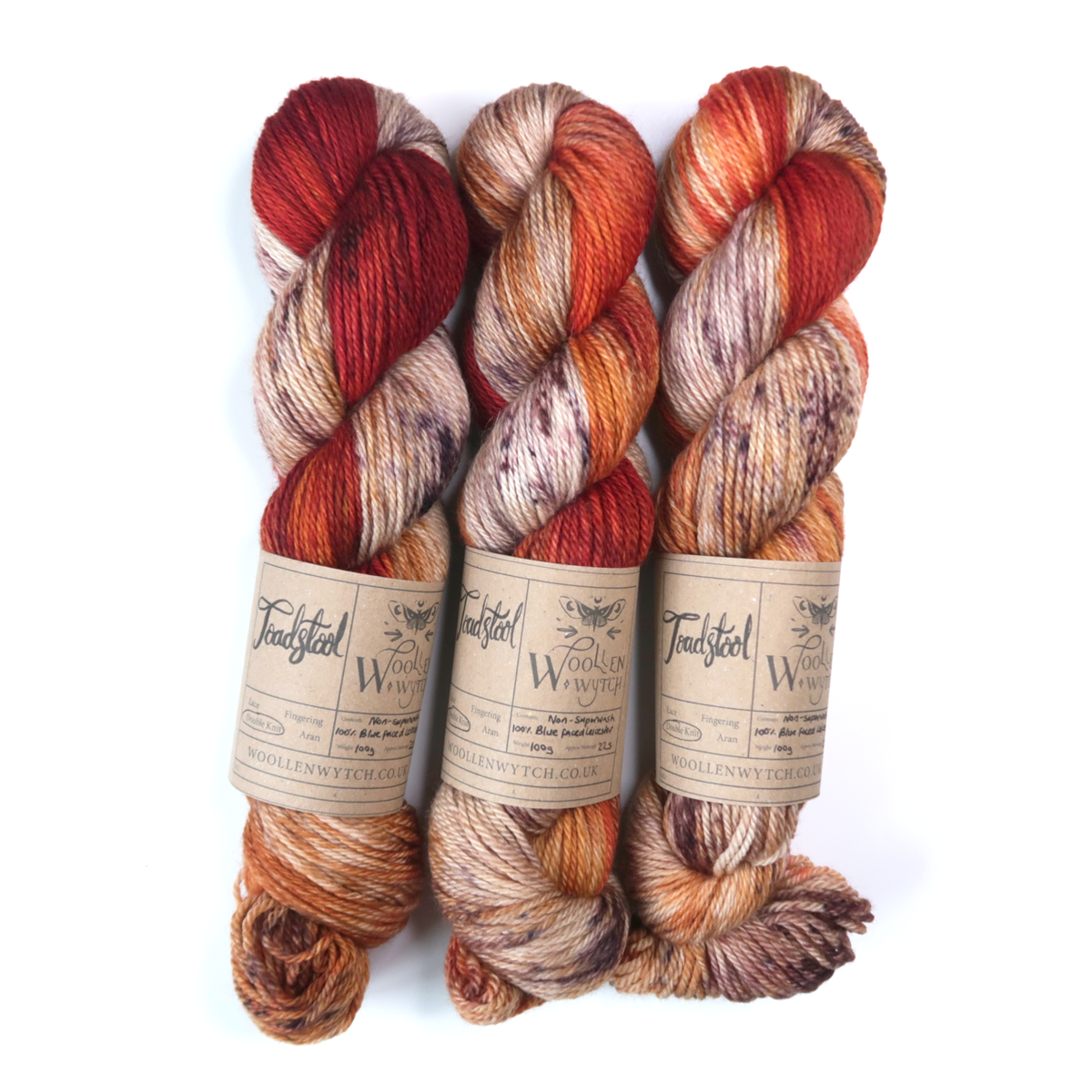 Creamy browns with vibrant reds and oranges hand dyed dk double knit yarn by Woollen Wytch in Bristol using 100% british wool