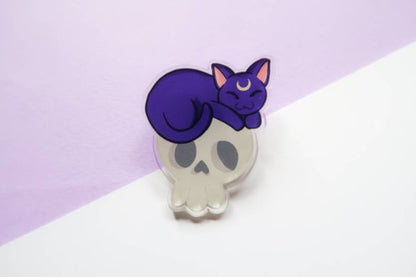 Cat on Skull - Recycled Plastic Pin Woollen Wytch 