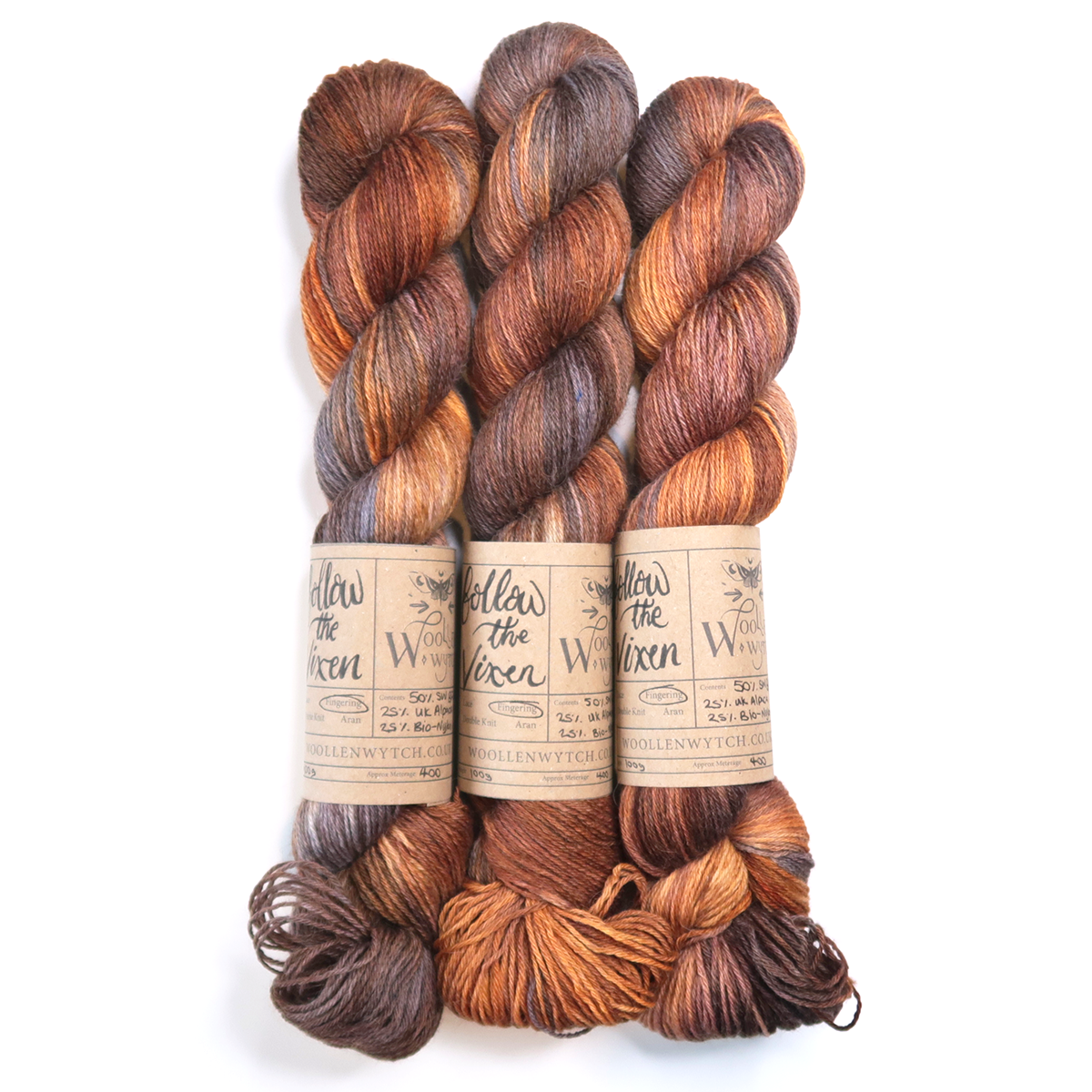 Hand dyed yarn using British wool by Woollen wytch in bristol uk follow the vixen